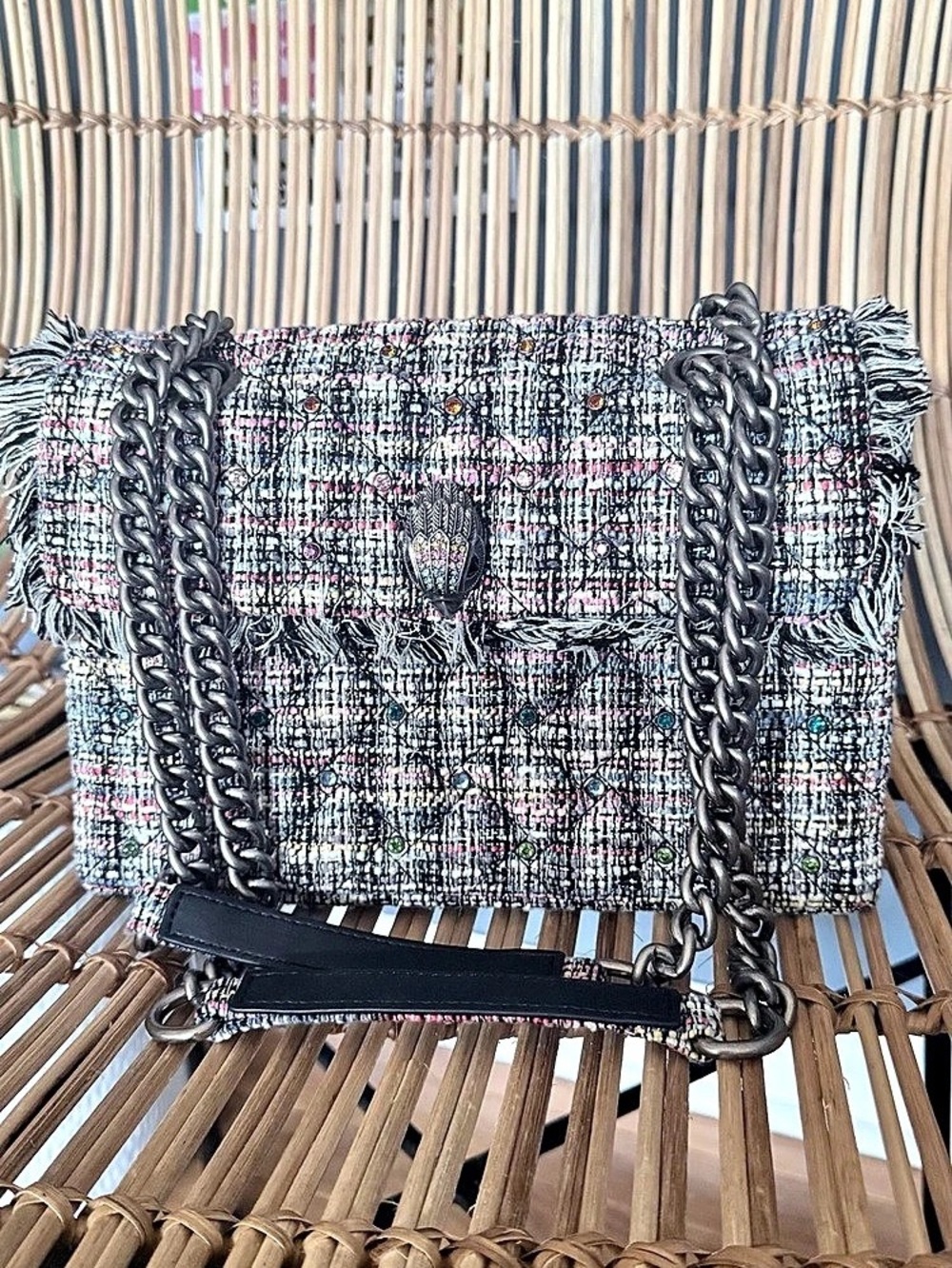 Kurt Geiger Plaid Chain Shoulder Bag in Gray & Pink Like New
